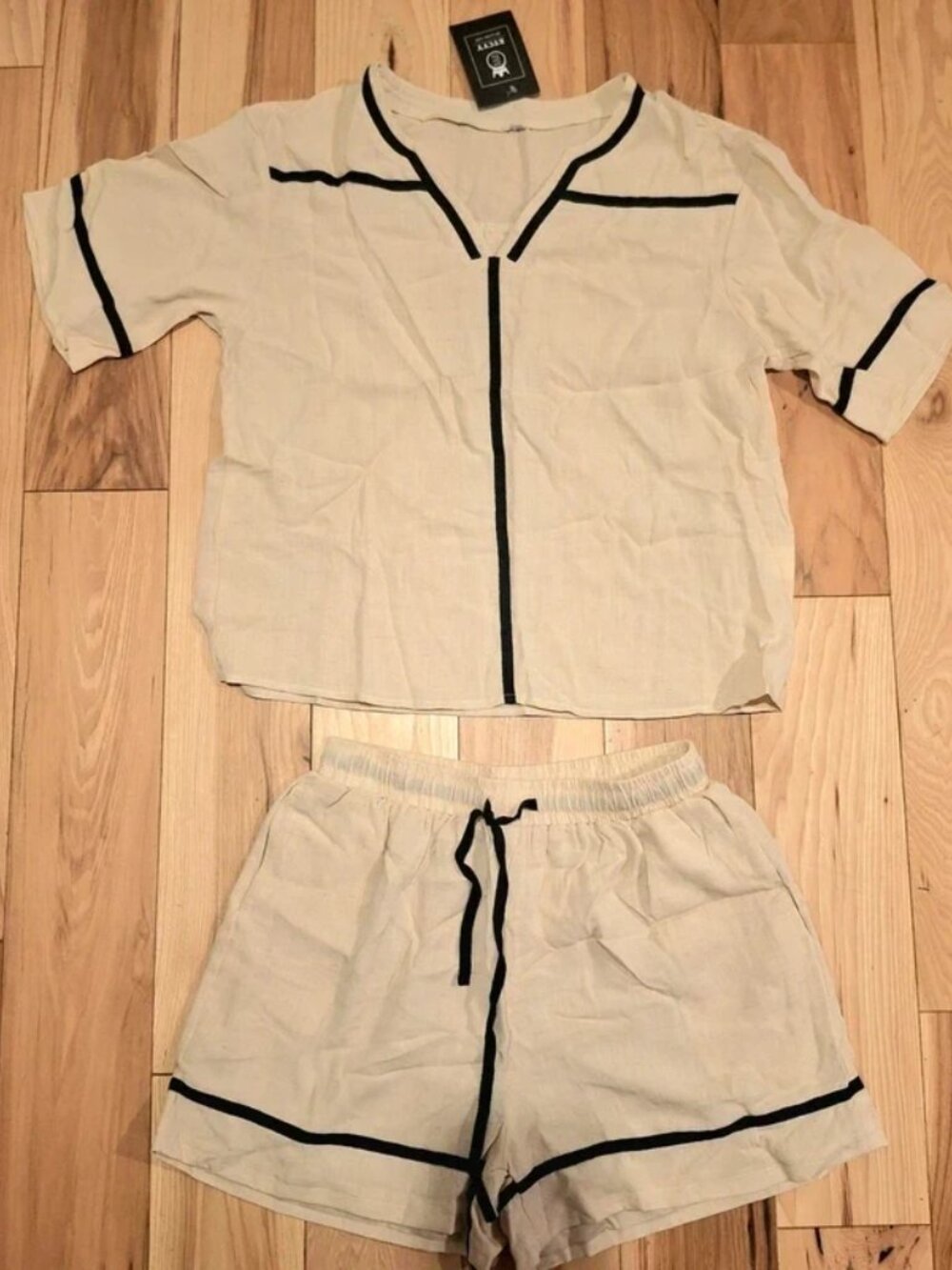 NWT Women's Ivory & black casual loungewear set linen top & shorts X-LARGE